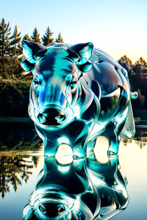 Blue Tinted Glasssculpture Of A Wild Boar, In The Middle Of...
