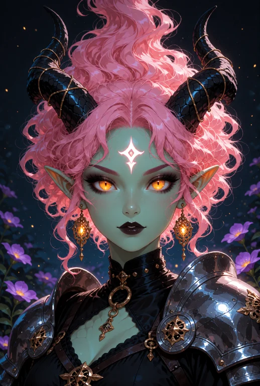 A Demon Girl With Mint-green Skin And Voluminous, Wild, Curl...