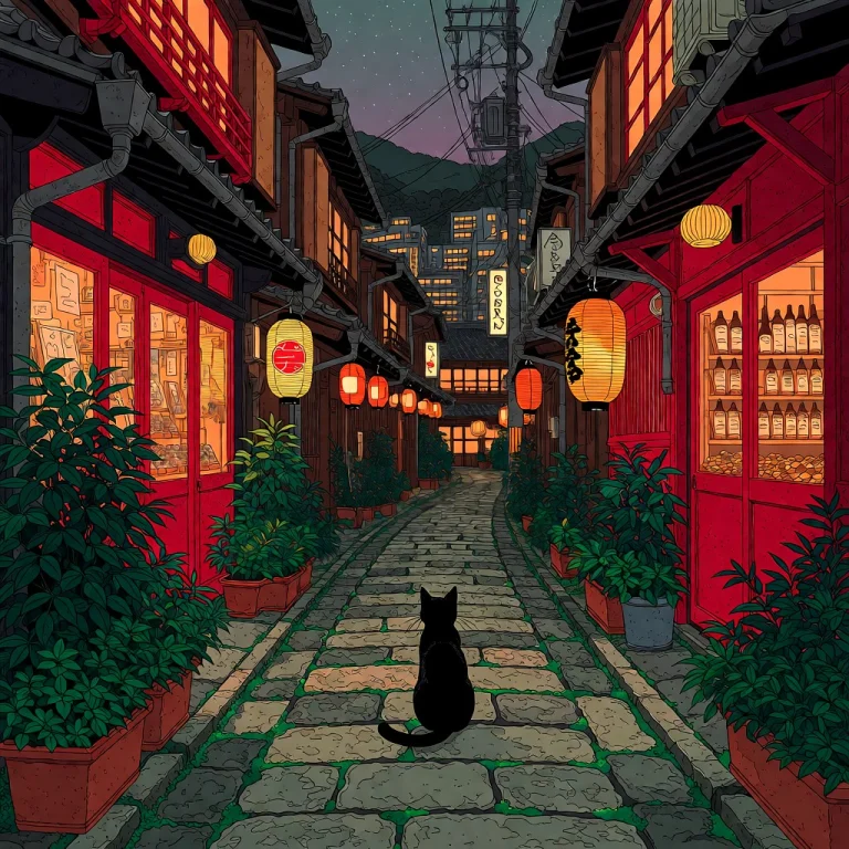 Shrpanime. In The Style Of , A Solitary Black Cat Sits Cente...