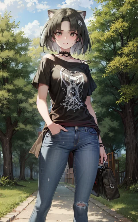 1girl,mhead,t-shirt,jeans