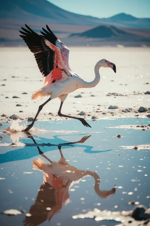 Nature, A Chilean Flamingo Running Into Takeoff Across A Hig...