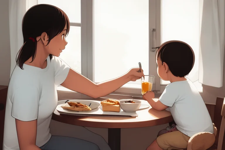 Loratakamichi-style-v111mother,baby,breakfast,table,indoor,w...