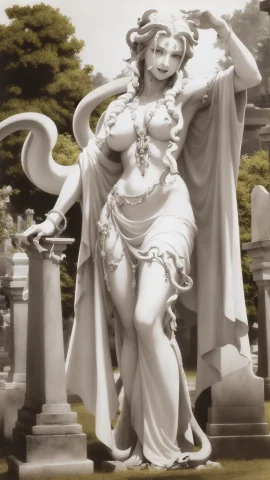 A Marble Statue Of Medusa Adorned In Decorative Silver Jewel... — Stable Diffusion AI Prompt: a marble statue of medusa adorned in decorative silver jewelry, her (fangs:1.2)...