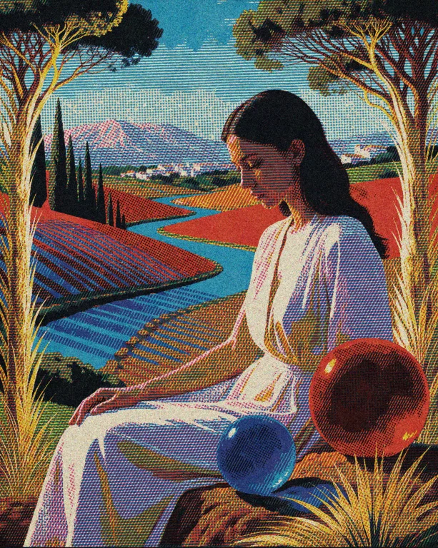 A Woman Sits In A Landscape Framed By Golden Trees Rising Li...