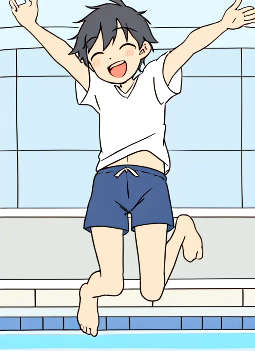 Loracartoony0.8 Flat Color, 1boy, Happy, Jumping Into Pool,...