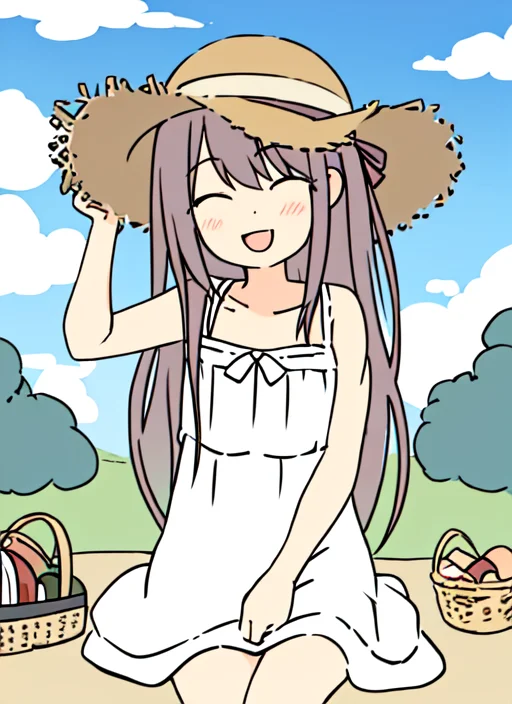 Loracartoony1 Flat Color, 1girl, White Sundress, Straw Hat,...