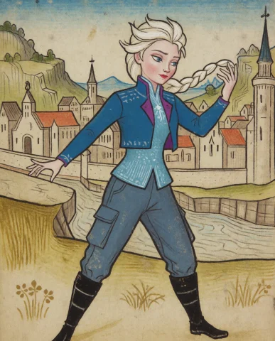 Medieval-style Drawing, Delicate Medieval Illustration Style... — Stable Diffusion AI Prompt: medieval-style drawing, delicate medieval illustration style, a Elsa Frozen with...