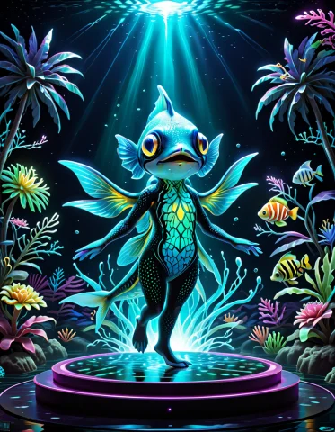 Anthropomorphic Fish Dancing On A Tropical Themed Stage Made... — SDXL AI Prompt: anthropomorphic fish dancing on a tropical themed stage made of organic biolumin...