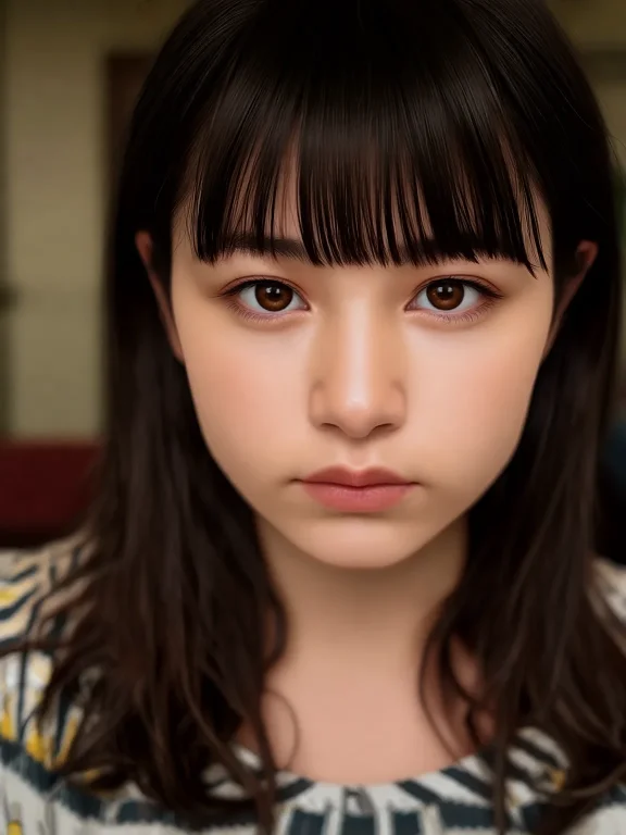 A Young Woman With Dark Hair And Bangs Is Looking Directly A...