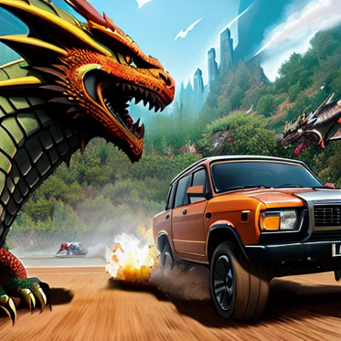 Transformer As Lada Car Vs Dragon Battle Fight, Fantasy, Bat... — Stable Diffusion AI Prompt: transformer as lada car vs ((((dragon)))) battle fight, fantasy, (((battle))), e...