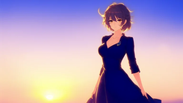 Anime, Pretty Woman In Blue Dress, Sunset Horizon, Focused,...