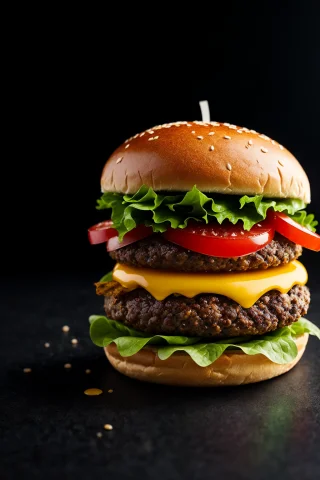 Product Shot Of Ultra Realistic Juicy Cheeseburger Against A... — Stable Diffusion AI Prompt: product shot of ultra realistic juicy cheeseburger against a dark background, tw...