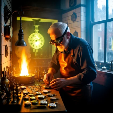 A Elderly Clockmaker With Brass Goggles And Leather Apron, S... — Stable Diffusion AI Prompt: a elderly clockmaker with brass goggles and leather apron, standing over a workb...