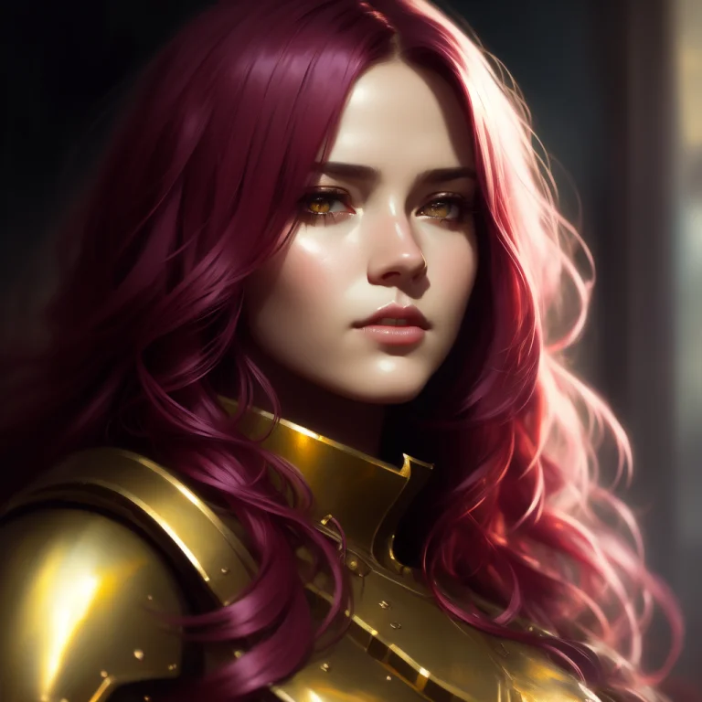 Girl, Golden Armor, Eye Contact, Beautiful Woman, Long Curly...