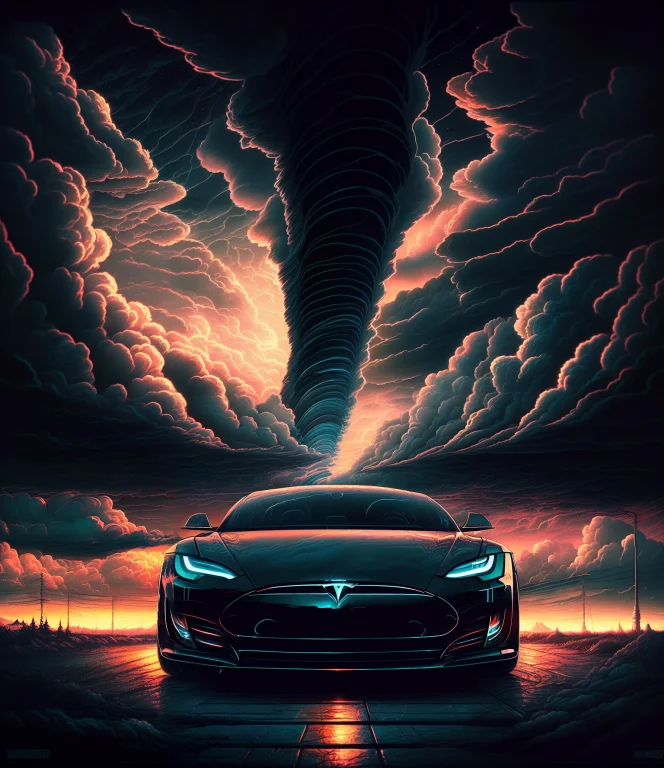 Abstract1.2 Front View The Tesla Car, Beautiful Clouds, Nigh...