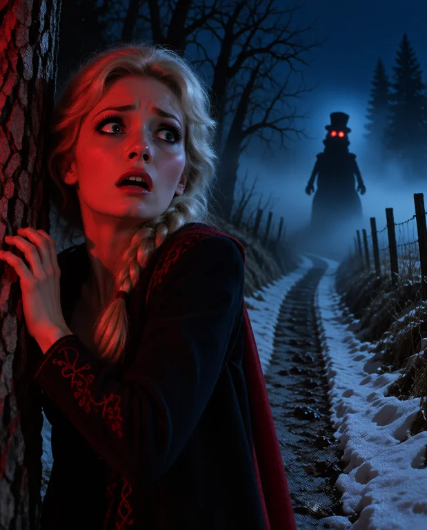 A Terrified Elsa Frozen Running Through A Dark Rural Road At...