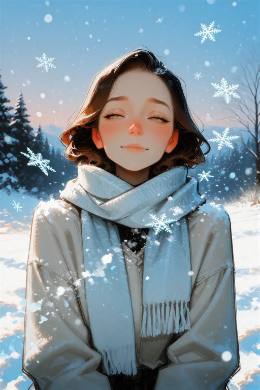 Digital Illustration, A Woman Standing In A Snowy Field With...