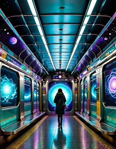 Biolumens Universe, Crowded Rush-hour Subway Carriage Travel... — SDXL AI Prompt: Biolumens Universe, crowded rush-hour subway carriage traveling through outer sp...