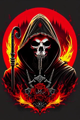 Hooded Grim Reaper, Empty Background 1.4, Scythe, Streetwear... — Stable Diffusion AI Prompt: hooded grim reaper, (empty background :1.4), Scythe, streetwear, blood, flame, c...