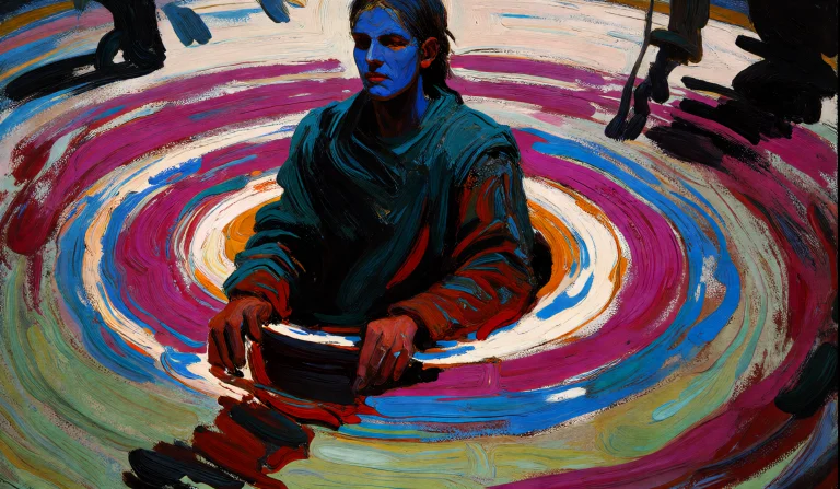 Oil Painting Of A Figure With Synthetic Blue Face Makeup And...