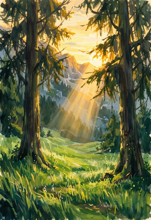 Style Vintage Pulp Art Painting. A Quiet Meadow Near An Alpi...