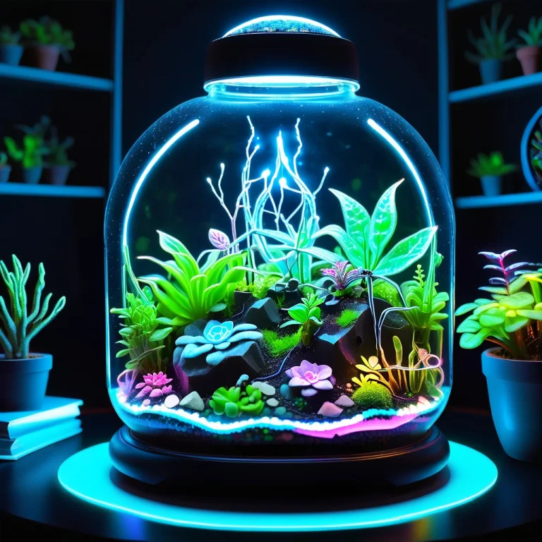 A Terrarium Sitting On A Desk In A Dark Room. The Interior O...