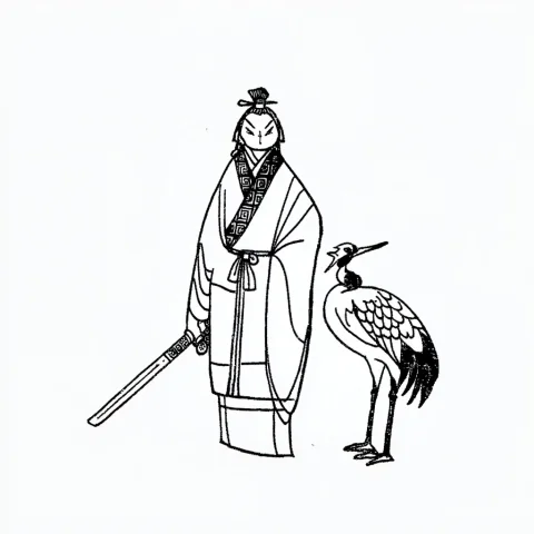 In Zxybaimiaostyle, A Tall Robed Swordsman Stands Beside A C... — Stable Diffusion AI Prompt: In zxy_baimiao_style, a tall robed swordsman stands beside a crane, full-body co...