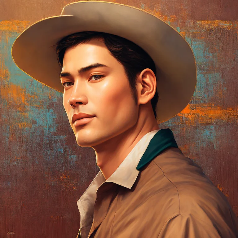 A Man In A Cowboy Hat, Portrait, Painting, Warm, Raised Hand...