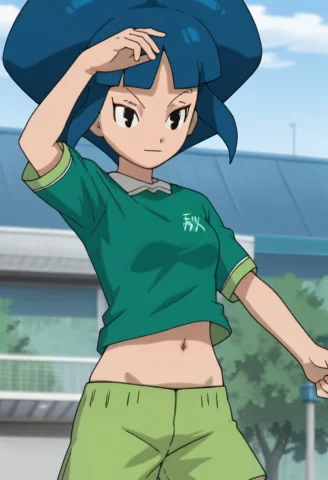 Honoka, Dark Blue Hair, Black Eyes, Big Hair, Green Shirt, S... — Stable Diffusion AI Prompt: honoka, dark blue hair, black eyes, big hair, green shirt, shorts, green socks,...