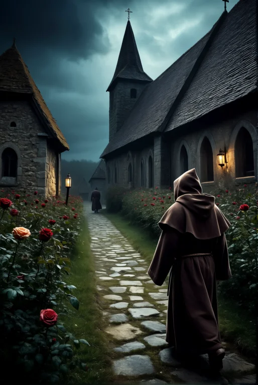 Medieval Style. Closeup Of A Hooded Monk, Walking Along The...