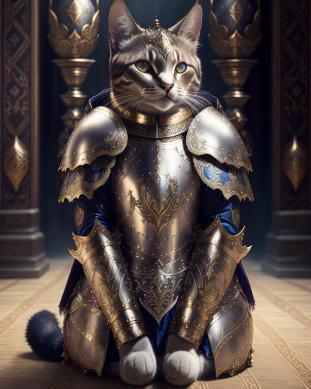 Kneeling Cat Knight, Portrait, Finely Detailed Armor, Intric...
