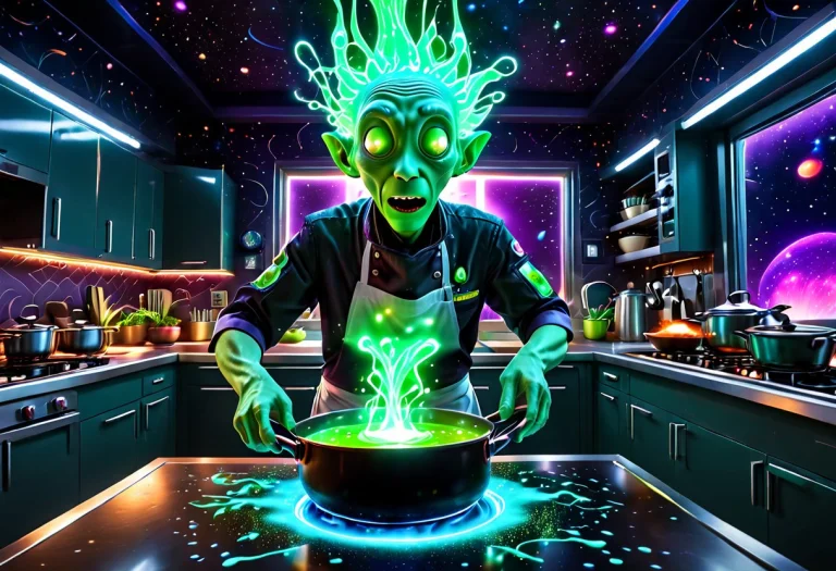 A Goofy Green Alien Chef Accidentally Dropping A Glowing Pan...