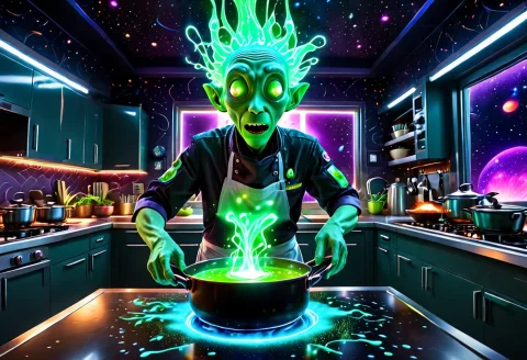 A Goofy Green Alien Chef Accidentally Dropping A Glowing Pan... — SDXL AI Prompt: A goofy green alien chef accidentally dropping a glowing pan in a space kitchen,...