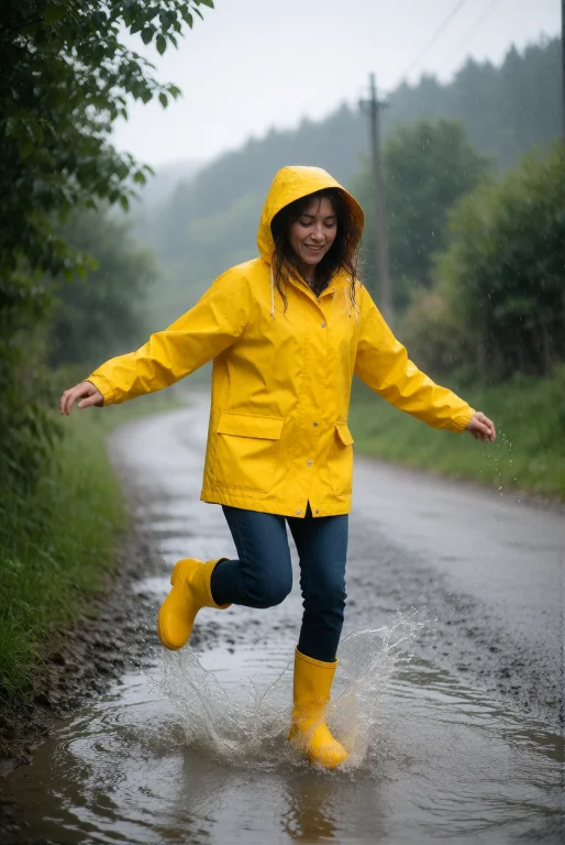 Raw Photograph Of A Woman In A Yellow Raincoat And Rain Boot...