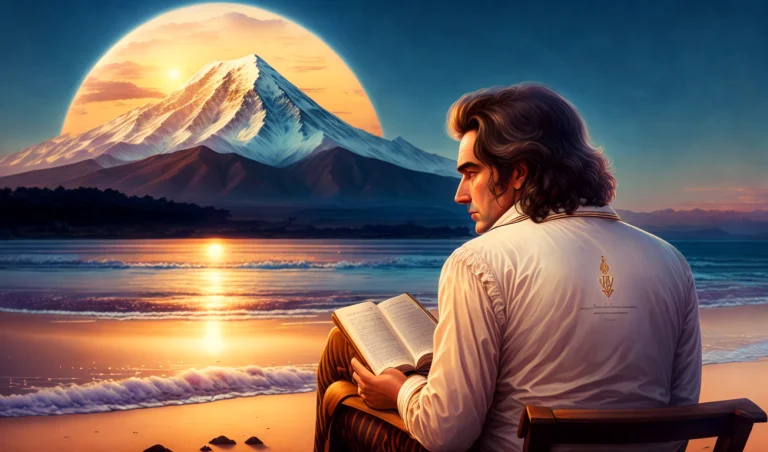 Lludwig Van Beethoven Sitting In A Chair On The Sunset Beach...