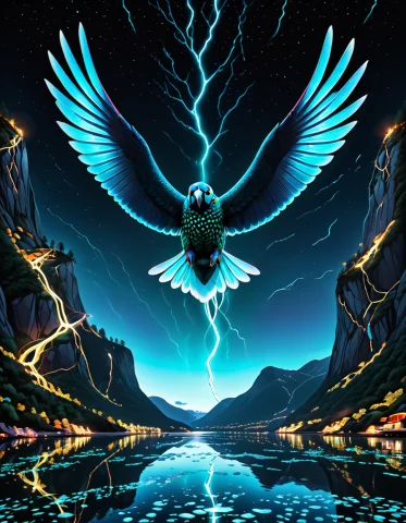 A Blue Parrot Flying Over A Norwegian Fjord Made Of Organic... — SDXL AI Prompt: a blue parrot flying over a Norwegian fjord made of organic bioluminescent at ni...