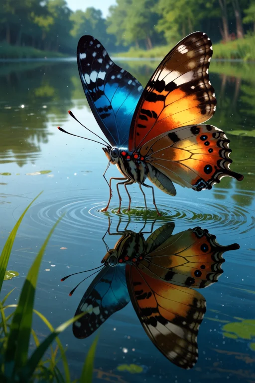 , A Butterfly Hovering Over A Calm Lake With Its Reflection...