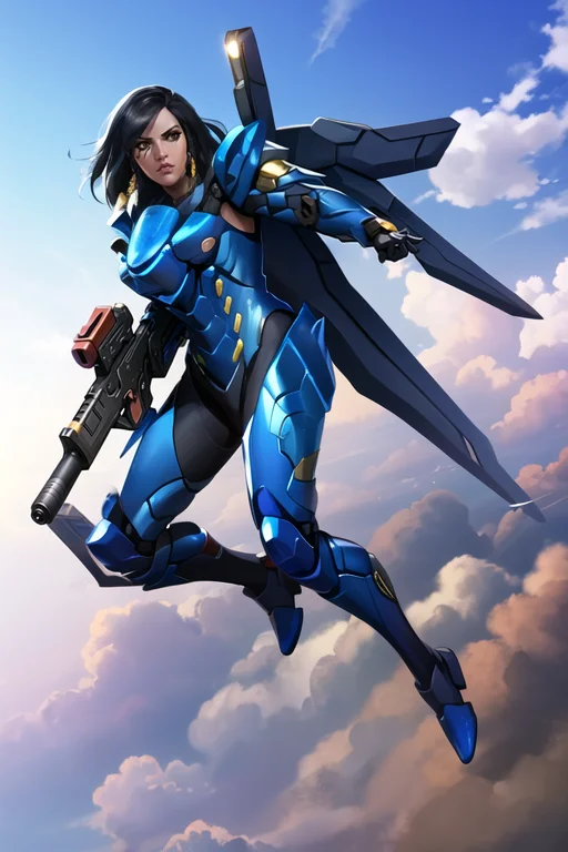 Full Body, Pharah, Death Stare, Full Power Armor, Sky Backgr...