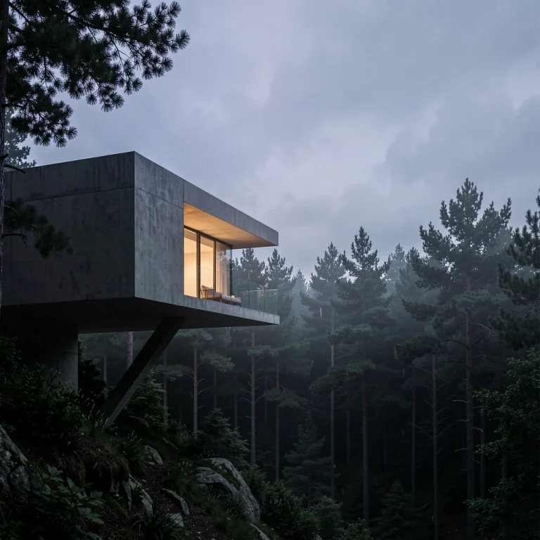 A Minimalist House Cantilevered Over A Forest, Twilight Glow...