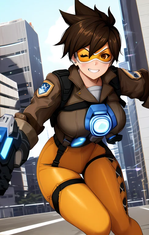 Best Quality, 1girl, Brown Eyes, Dynamic Pose, Grin, One Eye...
