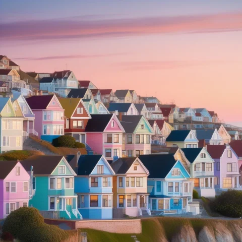 A Coastal Town Of Pastel Houses Stacked On A Hill, Worms Eye... — SDXL AI Prompt: a coastal town of pastel houses stacked on a hill, worms eye view, pastel palett...