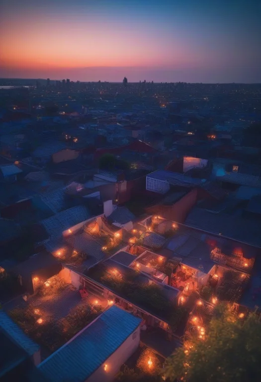 An Evening Look On A Rooftop At Blue Hour, Firelight, Tilt-s...