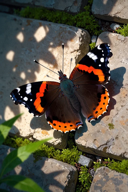 , A Red Admiral Butterfly On A Stone Wall With Moss And Dapp...