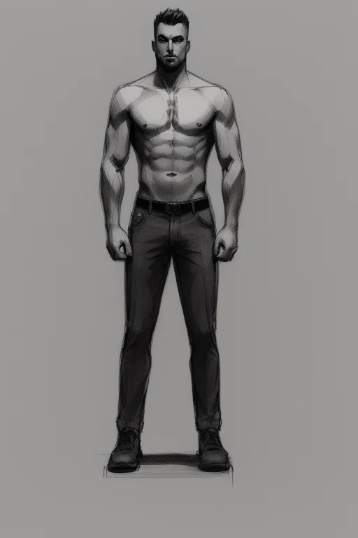 Sketch Of A Guy, Shirtless, Sharp Shadows, Deep Contrasting...