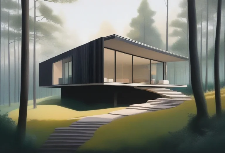 A Minimalist House Cantilevered Over A Forest, Gouache Paint...