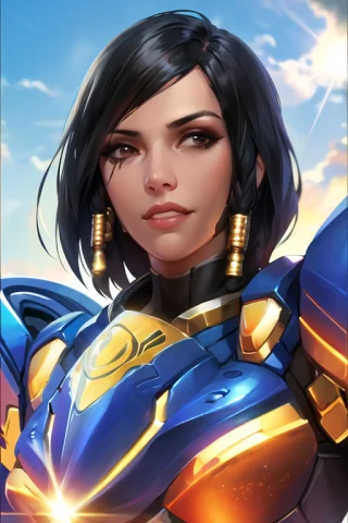 Portrait, Pharah, Full Armor, Hopeful Smile, Sky Background,... — Stable Diffusion AI Prompt: portrait, pharah, full armor, hopeful smile, sky background, sunlight, , best qu...