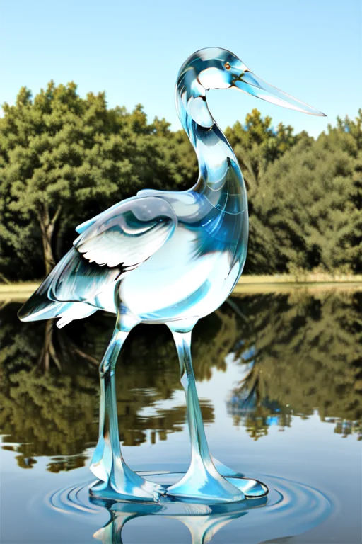 Blue Tinted Glasssculpture Of A Stork, In The Middle Of A La...