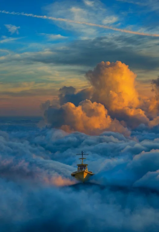 Boat Navigating Through A Vast Expanse Of Blue And Grey Clou...