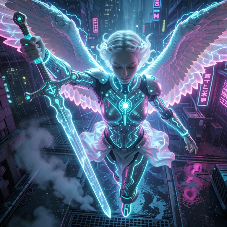 In This Hyper-detailed Cyberpunk Scene, A Divine Angelic Bei...
