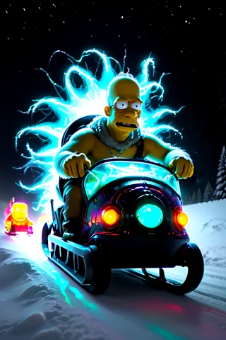A Big Homer Simpson Driving A Sledge In Winter. Winter Wonde... — SDXL AI Prompt: a big Homer SImpson driving a sledge in winter. Winter wonderland, snow, movemen...